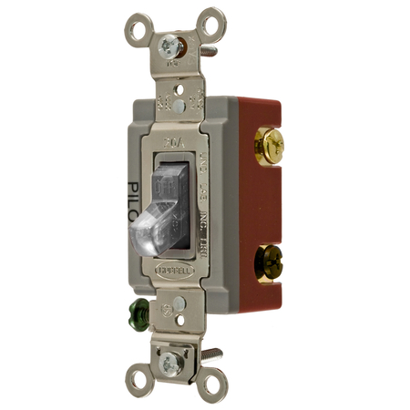 HUBBELL WIRING DEVICE-KELLEMS Industrial Grade, Pilot Light Toggle Switches, General Purpose AC, Three Way, 20A 120/277V AC, Back and Side Wired, Clear Toggle HBL1223PLC